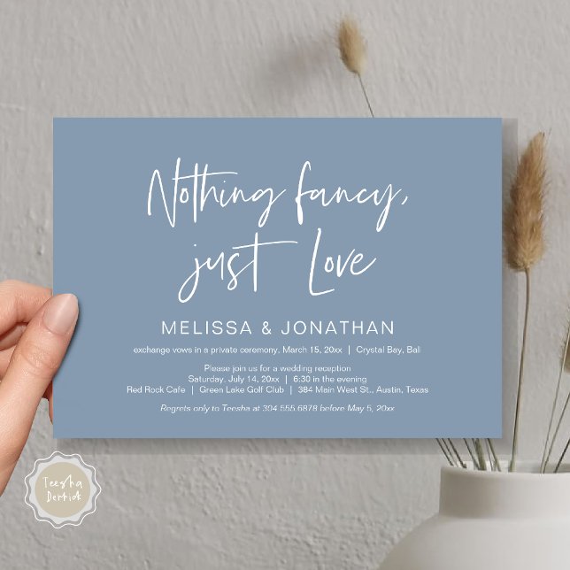 Convite Nada De Fncy Só Amor, Festa De Elopemento De Casam (Nothing Fancy Just Love, Wedding Elopement Dinner Party Invitation Card, PDF, Modern, Dusty Blue)