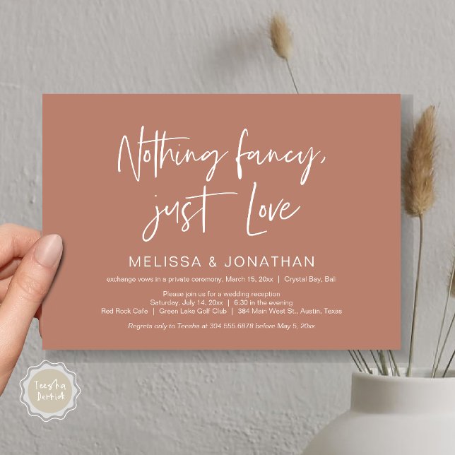 Convite Nada De Fncy Só Amor, Festa De Elopemento De Casam (Nothing Fancy Just Love, Wedding Elopement Dinner Party Invitation Card, PDF, Terracotta Earthy )