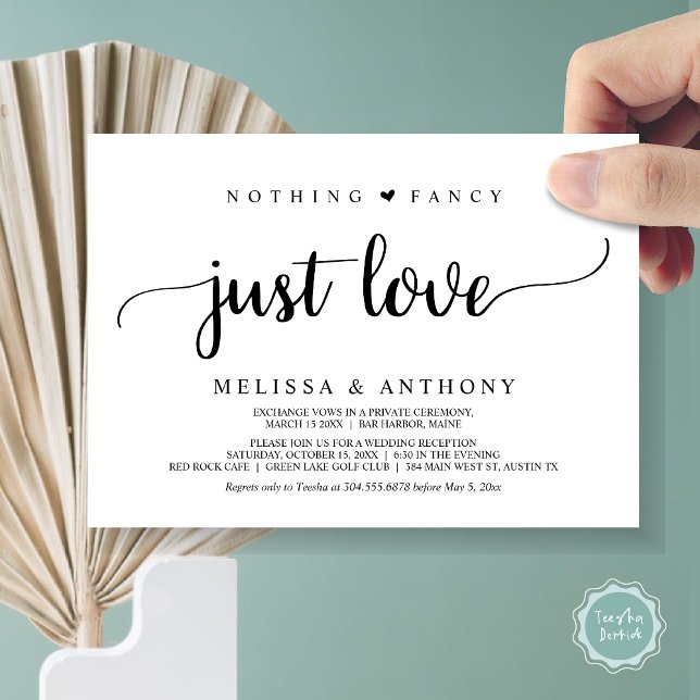 Convite Nada de Luxo, Apenas Amor, Casamento às Pressas, C (Nothing Fancy Just Love, Elopement, Rustic Wedding Invitation Card, in Black and White)