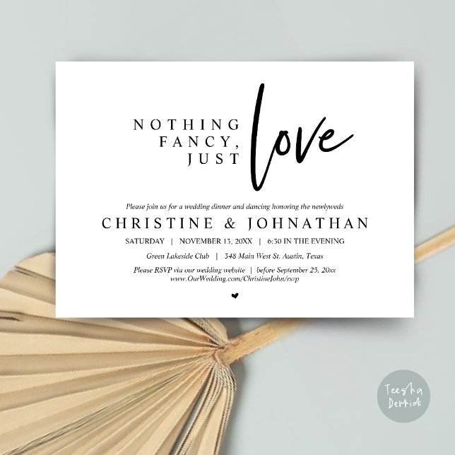 Convite Nada de Luxo, Apenas Amor, Jantar de Casamento Int (Nothing Fancy, Just Love, Wedding Elopement Dinner Invitation Card, PDF, in Black and White)
