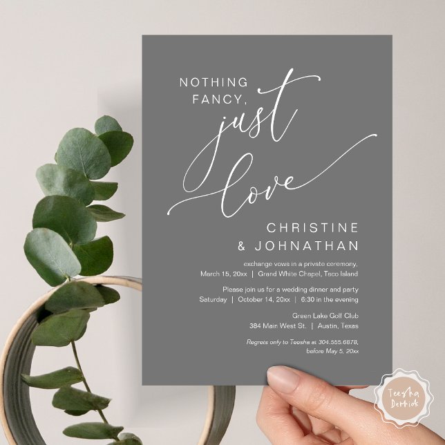 Convite Nada de luxo, apenas amor, Jantar de Casamento Int (Nothing Fancy Just Love, Wedding Elopement Dinner Party Lunch Brunch Invitation Card, PDF, Dark Grey)