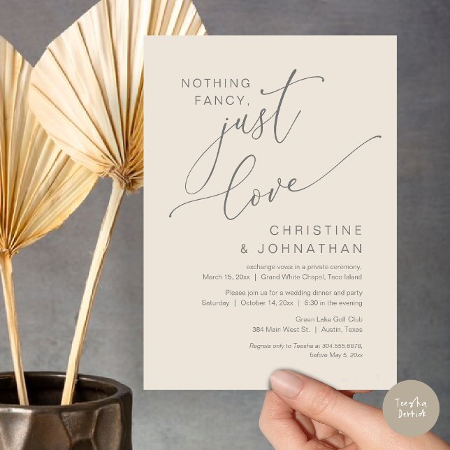Convite Nada de luxo, apenas amor, Jantar de Casamento Int (Nothing Fancy Just Love Wedding Elopement Dinner Party Lunch Brunch Invitation Card, PDF, Grey Cream)