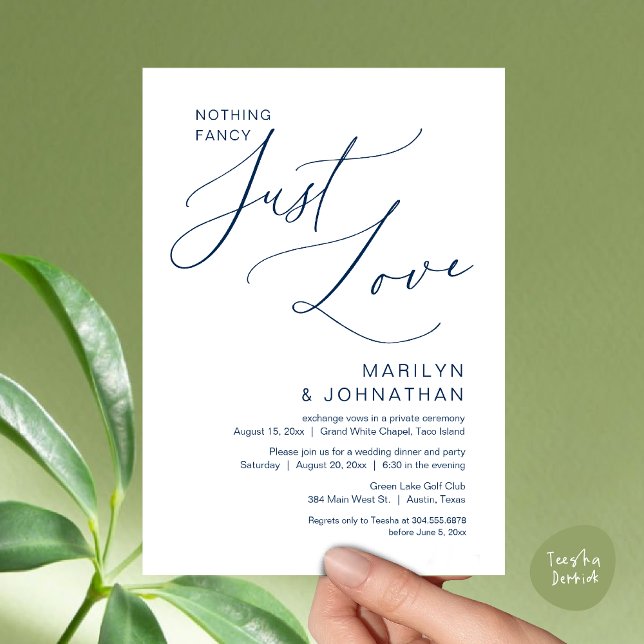 Convite Nada de Luxo, Apenas Amor, Jantar de Casamento Int (Nothing Fancy, Just Love, Wedding Elopement Dinner Brunch Lunch Party Invites Card PDF, Navy Blue)