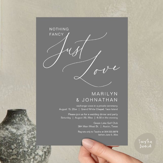 Convite Nada de luxo, apenas amor, Jantar de casamento ínt (Nothing Fancy, Just Love, Wedding Elopement Dinner Brunch Lunch Party Invites Card PDF, Dark Grey)