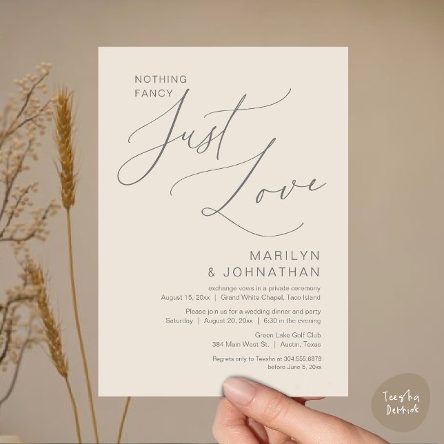 Convite Nada de luxo, apenas amor, Jantar de Casamento Int (Nothing Fancy, Just Love, Wedding Elopement Dinner Brunch Lunch Party Invites Card PDF, Cream Grey)