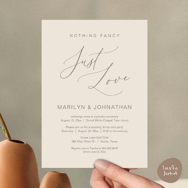 Convite Nada de Luxo, Apenas Amor, Jantar de Casamento Int (Nothing Fancy, Just Love, Wedding Elopement Dinner Brunch Lunch Party Invites Card PDF, Cream Grey)