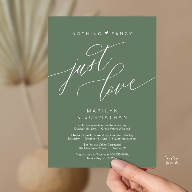 Convite Nada de Luxo, Apenas Amor Jantar de Casamento Mini (Nothing Fancy Just Love Modern Wedding Reception Dinner Invitation Card in Sage Green)