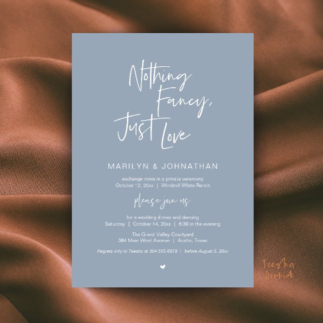 Convite Nada de Luxo, Apenas Amor Jantar de Casamento Mini (Nothing Fancy Just Love Minimalist Wedding Dinner Invitation Card in Dusty Blue)