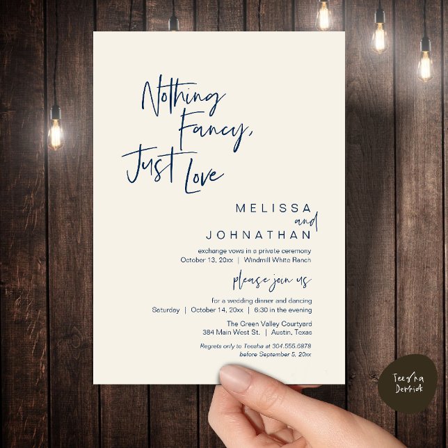 Convite Nada de Luxo, Apenas Amor, Jantar de Casamento Mod (Nothing Fancy Just Love, Modern Wedding Reception Dinner Lunch Brunch Invites Card Navy Blue Ivory)