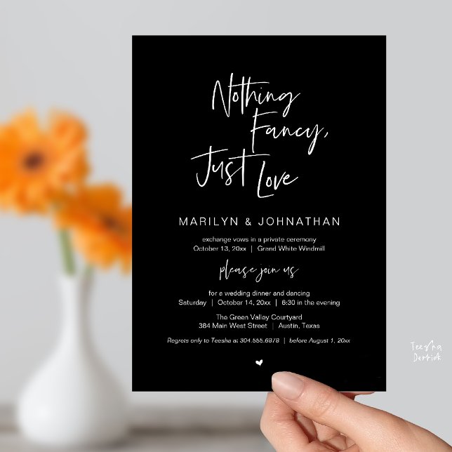 Convite Nada de Luxo, Apenas Amor, Jantar de Recepção Mode (Nothing Fancy Just Love, Modern Reception Dinner Invitation Card in Classy Black)