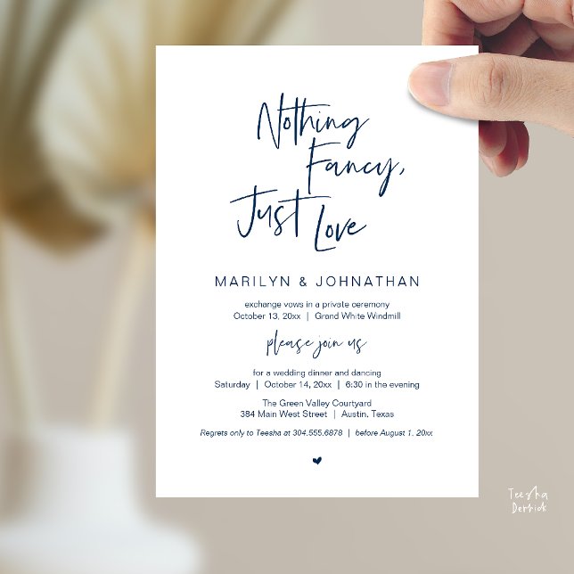 Convite Nada de Luxo, Apenas Amor, Jantar de Recepção Mode (Nothing Fancy Just Love, Modern Reception Dinner Invitation Card in Navy Blue)