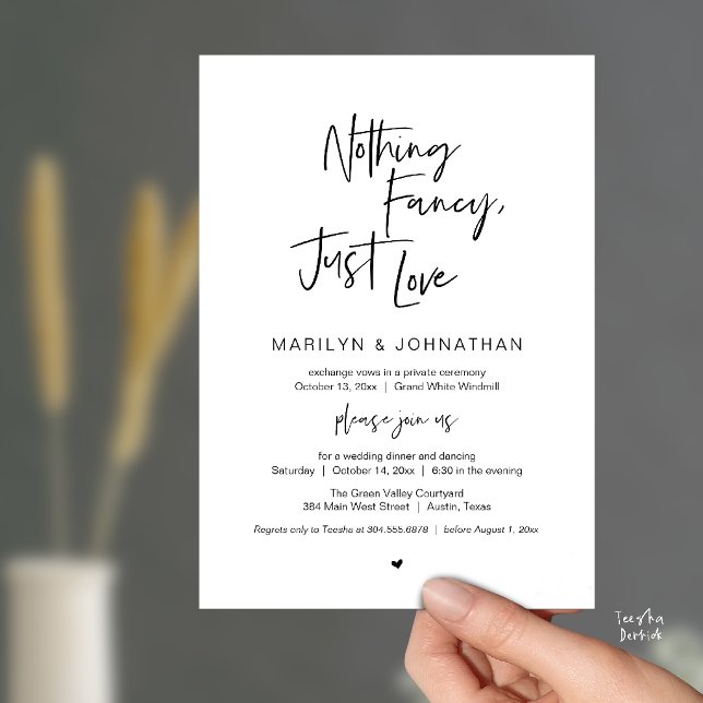 Convite Nada de Luxo, Apenas Amor, Jantar de Recepção Mode (Nothing Fancy Just Love, Modern Reception Dinner Invitation Card in Black and White)