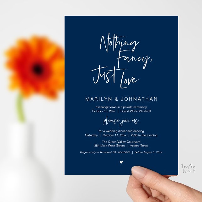 Convite Nada de Luxo, Apenas Amor, Jantar de Recepção Mode (Nothing Fancy Just Love, Modern Reception Dinner Invitation Card in Navy Blue)