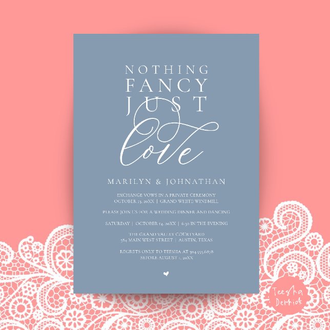 Convite Nada de Luxo, Apenas Amor, Jantar de Recepção Mode (Nothing Fancy Just Love, Modern Reception Dinner Invitation Card in Dusty Blue)