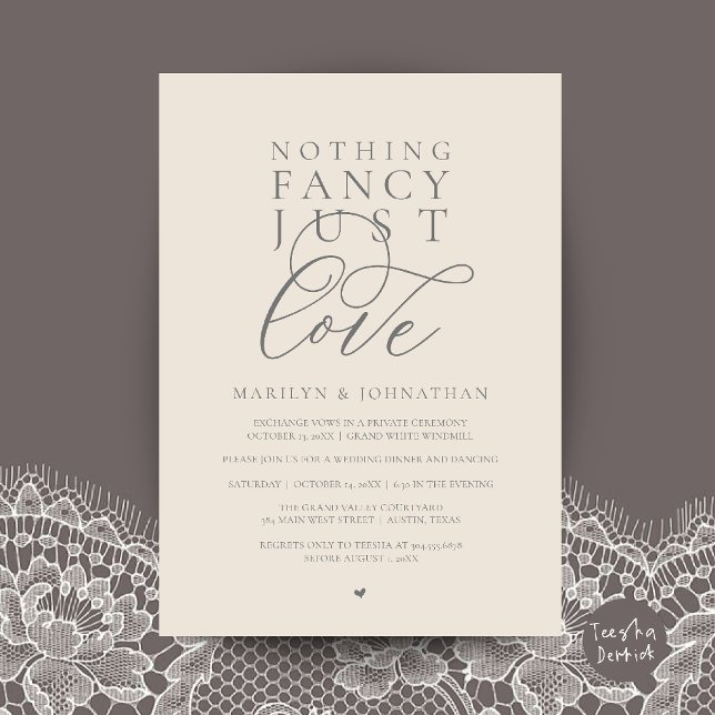 Convite Nada de Luxo, Apenas Amor, Jantar de Recepção Mode (Nothing Fancy Just Love, Modern Reception Dinner Invitation Card in Cream and Grey)