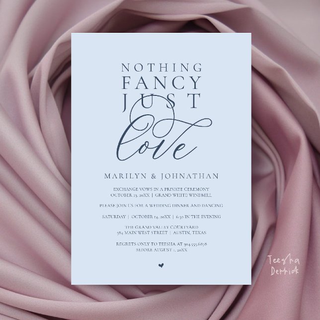 Convite Nada de Luxo, Apenas Amor, Jantar de Recepção Mode (Nothing Fancy Just Love, Modern Reception Dinner Invitation Card in Dusty Blue Romance)