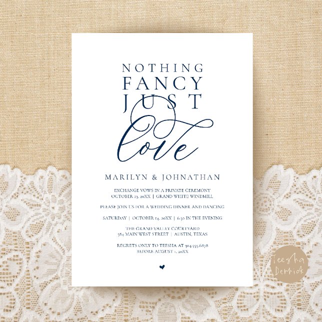 Convite Nada de Luxo, Apenas Amor, Jantar de Recepção Mode (Nothing Fancy Just Love, Modern Reception Dinner Invitation Card in Navy Blue)