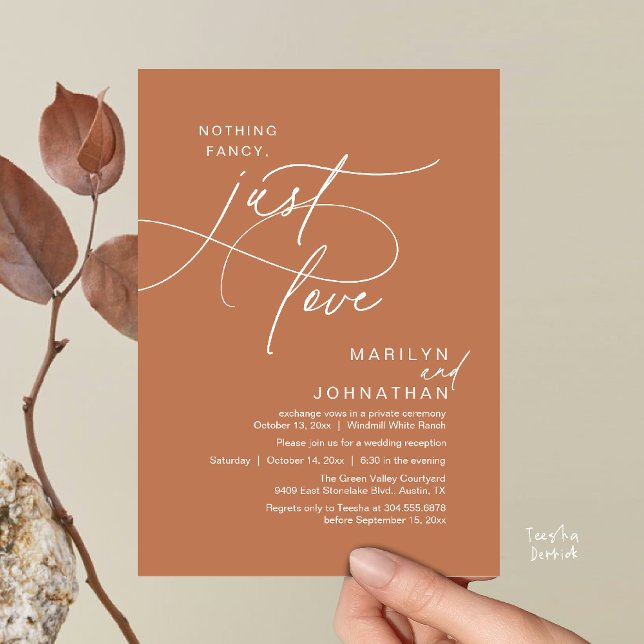 Convite Nada de Luxo, Apenas Amor, Jantar Romântico de Cas (Nothing Fancy, Just Love, Modern Romantic Wedding Reception Dinner Invites Card Earthy Brown Copper)