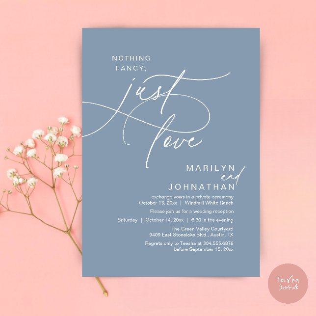 Convite Nada de Luxo, Apenas Amor, Jantar Romântico de Cas (Nothing Fancy, Just Love, Modern Romantic Wedding Reception Dinner Invitation Card in Dusty Blue)
