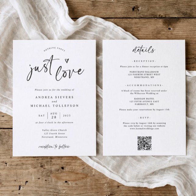 Convite Nada de Luxo, Apenas Amor Moderno Casamento à Mão (Minimalist black and white wedding invitation with “nothing fancy, just love” handwriting)