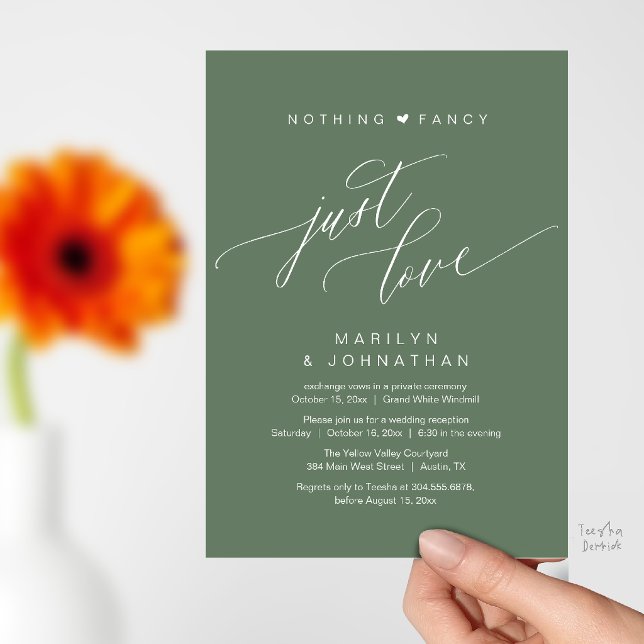Convite Nada de Luxo, Apenas Amor Recepção de Casamento Mo (Nothing Fancy Just Love Modern Wedding Reception Dinner Invitation Card in Sage Green)
