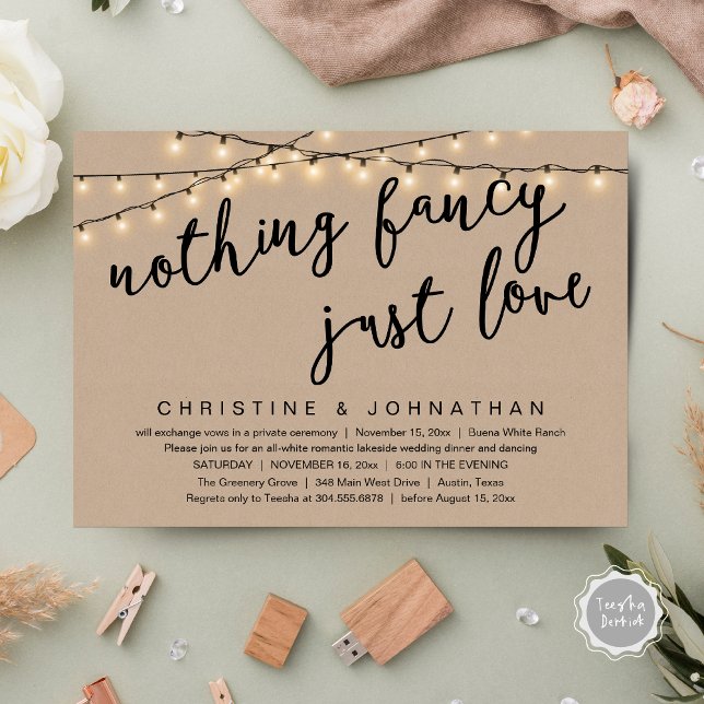 Convite Nada de Luxo, Apenas Jantar de Casamento Rústico A (Nothing Fancy, Just Love Rustic Wedding Dinner Invitation Card PDF String Lights Brown kraft)