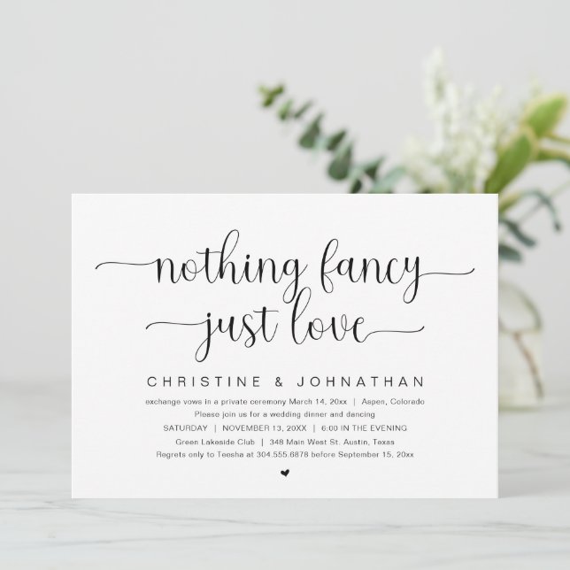 Convite Nada de Luxo, Só Amor, Festa de Casamento Intimo (Em pé/Frente)