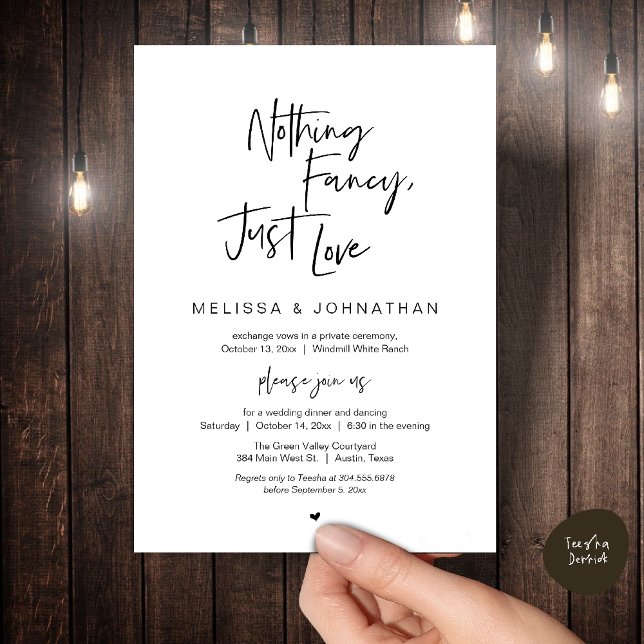 Convite Nada de Luxo, Só Amor, Recepção de Casamento Moder (Nothing Fancy Just Love, Modern Wedding Reception Dinner Lunch Brunch Invites Card Black white)