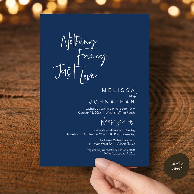 Convite Nada de Luxo, Só Amor, Recepção de Casamento Moder (Nothing Fancy Just Love, Modern Wedding Reception Dinner Lunch Brunch Invites Card Navy Blue)