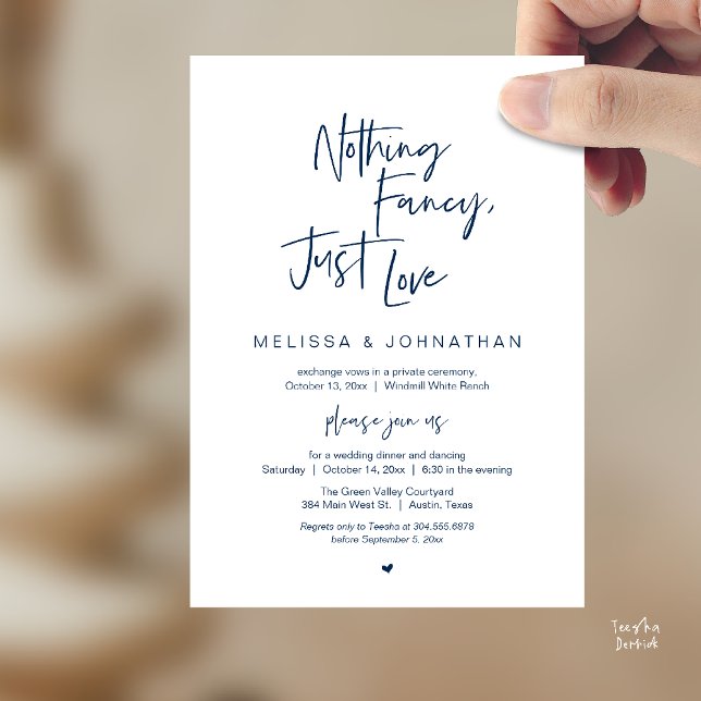 Convite Nada de Luxo, Só Amor, Recepção de Casamento Moder (Nothing Fancy Just Love, Modern Wedding Reception Dinner Lunch Brunch Invites Card Navy Blue)