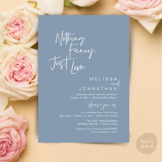 Convite Nada de Luxo, Só Amor, Recepção de Casamento Moder (Nothing Fancy Just Love, Modern Wedding Reception Dinner Lunch Brunch Invites Card in Dusty Blue)