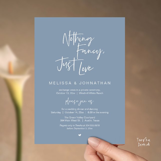 Convite Nada de Luxo, Só Amor, Recepção de Casamento Moder (Nothing Fancy Just Love, Modern Wedding Reception Dinner Lunch Brunch Invites Card in Dusty Blue)