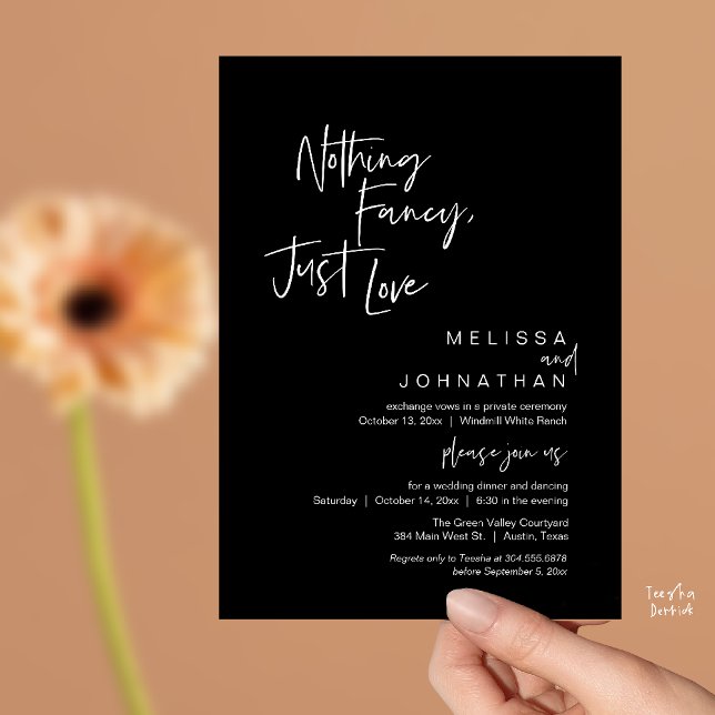 Convite Nada de Luxo, Somente Amor, Recepção de Casamento  (Nothing Fancy Just Love, Modern Wedding Reception Dinner Lunch Brunch Invites Card Classy Black)