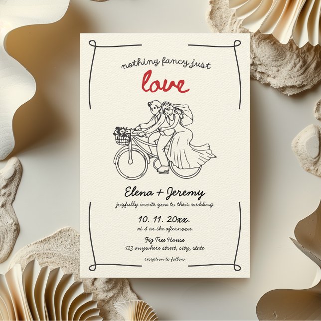 Convite Nada De Rico Adora A Mão De Moto Desenhada (Nothing fancy just love wedding invitation hand drawn whimsical quirky motorcycle bike aesthetic)