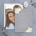 Convite Nada De Rico Adora Foto De Cinza De Luz<br><div class="desc">Crie o convite perfeito para um casamento casual, ou uma celebração de recepção pós-elopemento, com este moderno, moderno, moderno, eucalipto e florais brancos de aquarela, tipografia de guiões com letra de mão, sobre um fundo de cinza leve. O design apresenta a sua foto favorita no verso do convite. Entre em...</div>