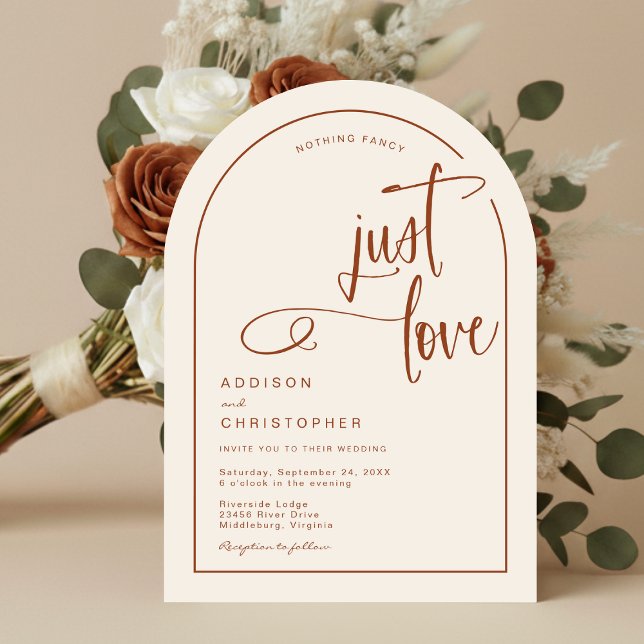 Convite Nada De Rico Apenas Adora Casamento De Script Manu (Shown on a 5" x 7" invitation with Arch Corner Style)