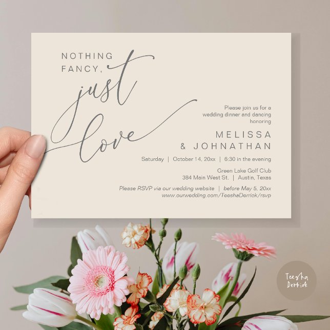 Convite Nada de Rico, apenas amor, dança Jantada de casame (Nothing Fancy, Just Love, Wedding Romantic Dinner Dancing Invitation Card, PDF, in Grey Cream)