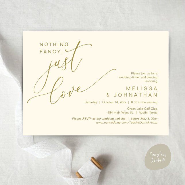 Convite Nada de Rico, apenas amor, dança Jantada de casame (Nothing Fancy, Just Love, Wedding Romantic Dinner Dancing Invitation Card, PDF, in Yellow Gold)