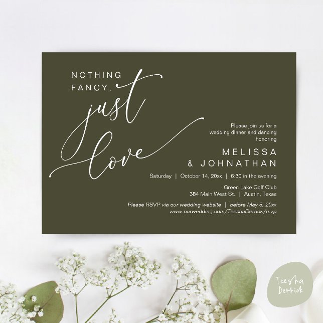 Convite Nada de Rico, apenas amor, dança Jantada de casame (Nothing Fancy, Just Love, Wedding Romantic Dinner Dancing Invitation Card, PDF, in Olive Green)