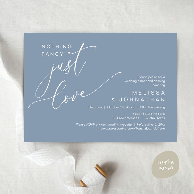 Convite Nada de Rico, apenas amor, dança Jantada de casame (Nothing Fancy, Just Love, Wedding Romantic Dinner Dancing Invitation Card, PDF, in Dusty Blue)