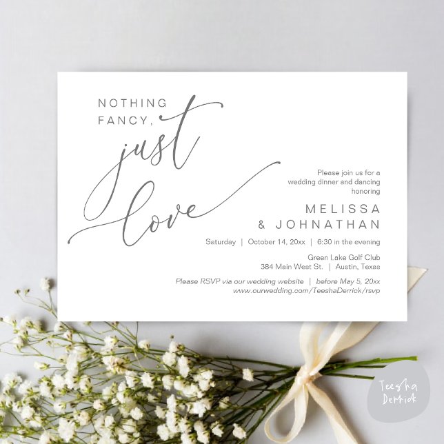 Convite Nada de Rico, apenas amor, dança Jantada de casame (Nothing Fancy, Just Love, Wedding Romantic Dinner Dancing Invitation Card, PDF, in Dark Grey)