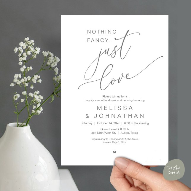Convite Nada de Rico, apenas amor, dança Jantada de casame (Nothing Fancy, Just Love, Romantic Wedding Dinner Dancing Invitation Card, PDF, in Dark Grey)