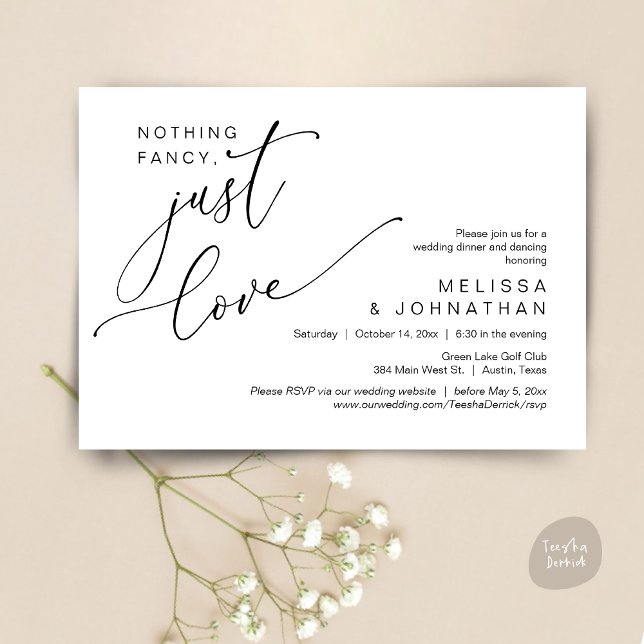 Convite Nada de Rico, apenas amor, dança Jantada de casame (Nothing Fancy, Just Love, Wedding Romantic Dinner Dancing Invitation Card, PDF, in Black and White)