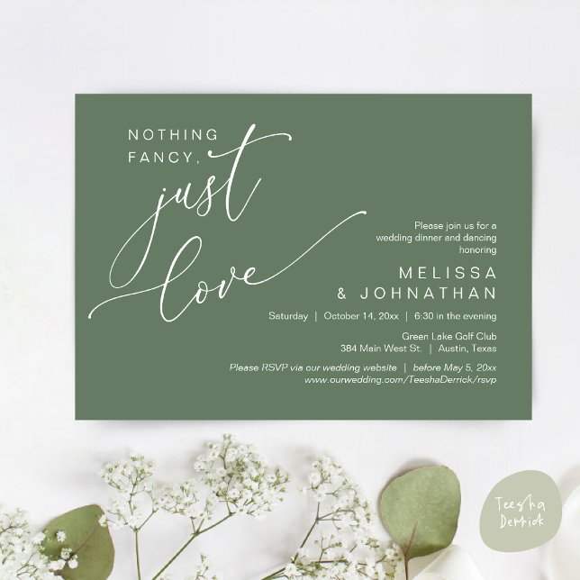 Convite Nada de Rico, apenas amor, dança Jantada de casame (Nothing Fancy, Just Love, Wedding Romantic Dinner Dancing Invitation Card, PDF, in Sage Green)