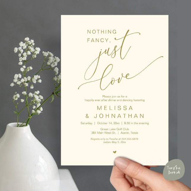 Convite Nada de Rico, apenas amor, dança Jantada de casame (Nothing Fancy, Just Love, Romantic Wedding Dinner Dancing Invitation Card, PDF, in Yellow Gold)