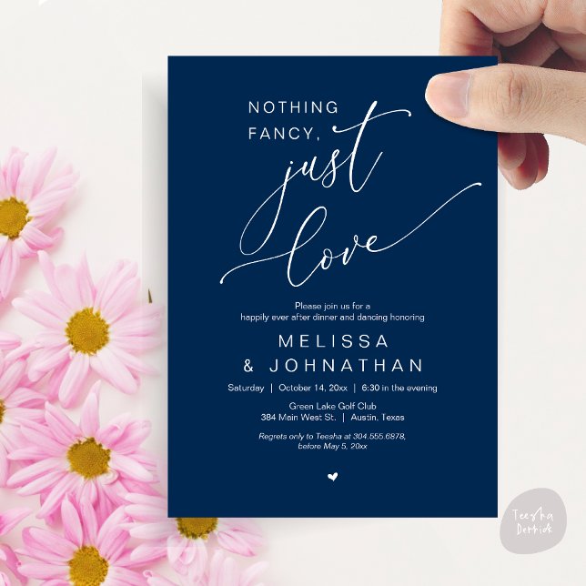 Convite Nada de Rico, apenas amor, dança Jantada de casame (Nothing Fancy, Just Love, Romantic Wedding Dinner Dancing Invitation Card, PDF, in Navy Blue)