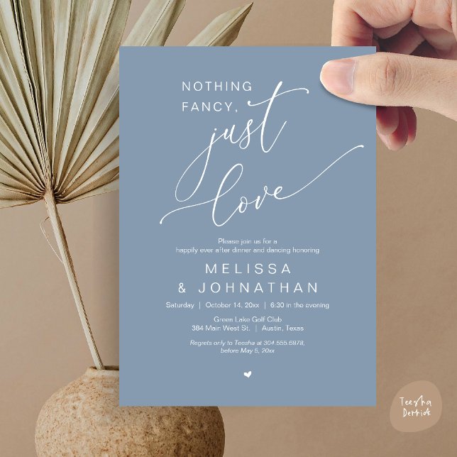 Convite Nada de Rico, apenas amor, dança Jantada de casame (Nothing Fancy, Just Love, Romantic Wedding Dinner Dancing Invitation Card, PDF, in Dusty Blue)