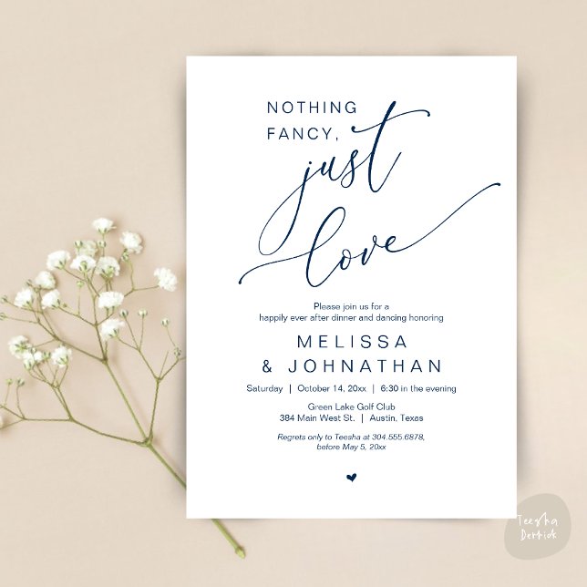 Convite Nada de Rico, apenas amor, dança Jantada de casame (Nothing Fancy, Just Love, Romantic Wedding Dinner Dancing Invitation Card, PDF, in Navy Blue)
