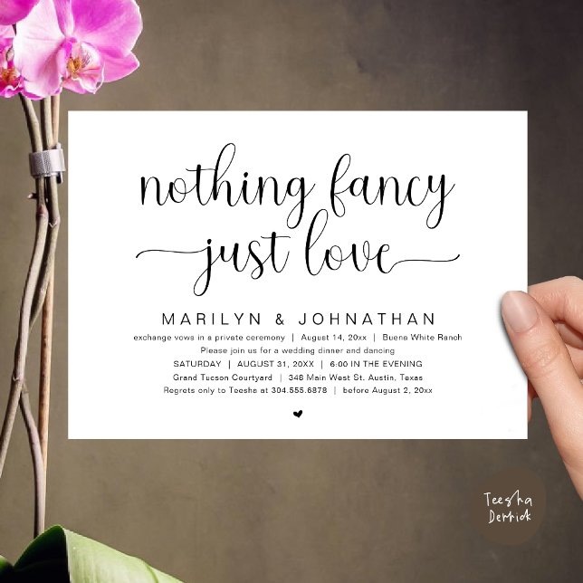 Convite Nada de Rico, apenas amor, dança Jantada de casame (Nothing Fancy, Just Love, Modern Wedding Dinner Dancing Dancing Invitation Card, PDF, White Black)