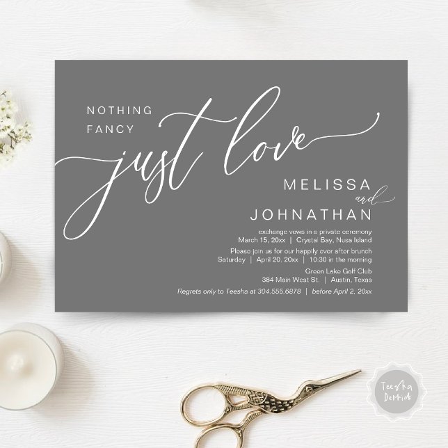 Convite Nada De Rico Apenas Amor, Elopement Brunch (Celebrate with us, Nothing Fancy Just Love, Romantic Wedding Brunch Invitation Card PDF Dark Grey)